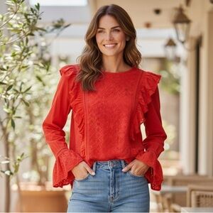 Jack by BB Dakota Women Cropped Blouse Red Orange Rayon Small
